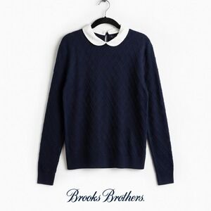 Brooks Brothers Navy Blue Textured Cotton Sweater Peter Pan Collar Large NWT